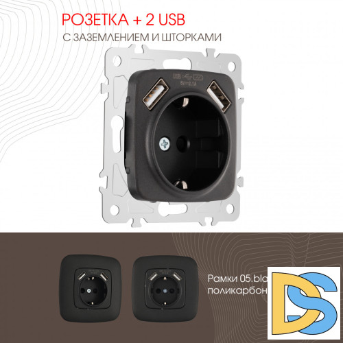 Розетка с заземлением, шторками + 2 USB Arte Milano 205.47-1.black