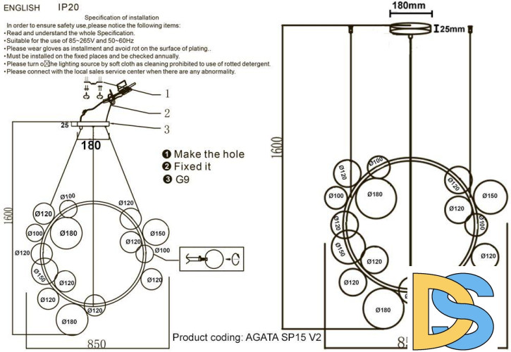 Подвесная люстра Crystal Lux Agata SP15 V2 Black/Transparente