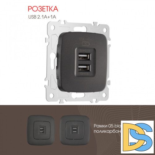 Розетка USB 2.1А+1А Arte Milano 205.46-1.black