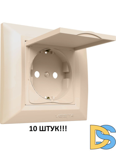 Розетка одинарная с заземлением с крышкой кремовая Vesta-Electric Roma Cream -10 шт.