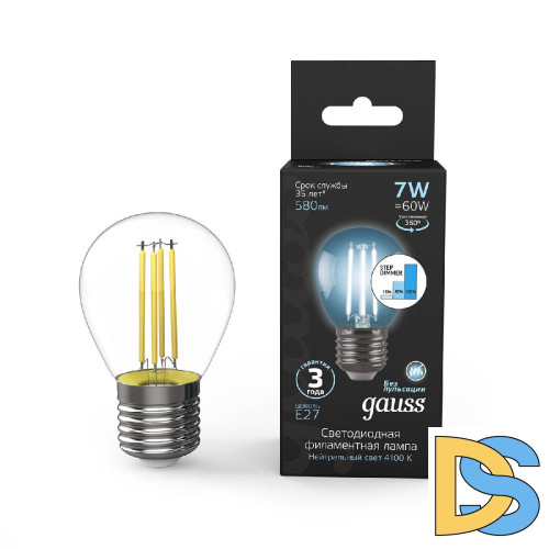 Лампа светодиодная филаментная диммируемая Gauss E27 7W 4100K прозрачная 105802207-S