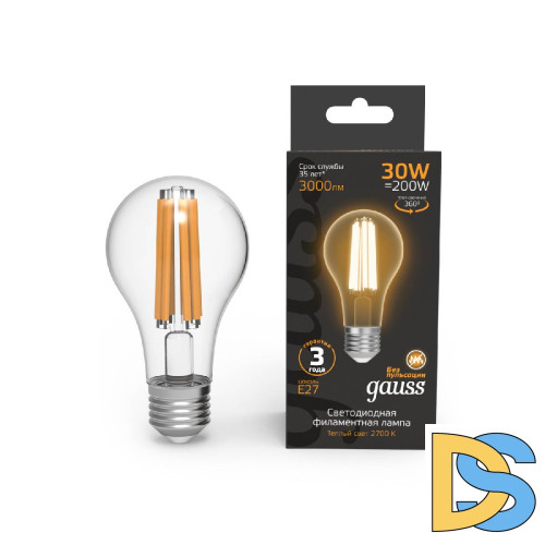 Лампа светодиодная филаментная Gauss E27 30W 2700K прозрачная 102902130