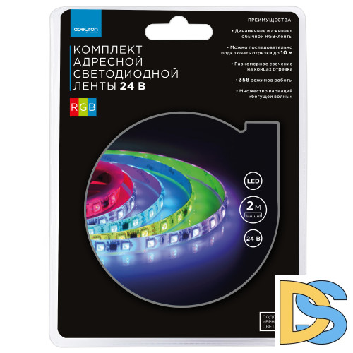 Комплект адресной светодиодной ленты Apeyron 24В 14,4Вт/м smd5050 60д/м IP65 2м RGB (адаптер питания, контроллер) 10-97