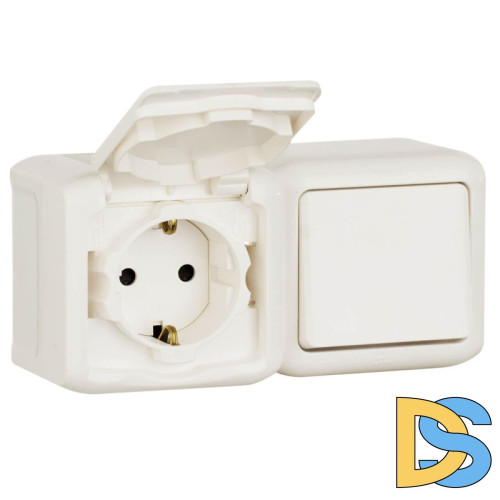 Блок выключатель одноклавишный и розетка 2К+З Legrand Quteo 16A 250V с/з со шторками крышкой IP44 белый 782318