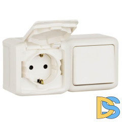 Блок выключатель одноклавишный и розетка 2К+З Legrand Quteo 16A 250V с/з со шторками крышкой IP44 белый 782318