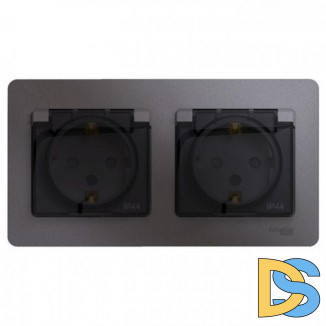 Розетка 2-ая электрическая с заземлением с защитными шторками IP44, Графит, серия Glossa, Schneider Electric