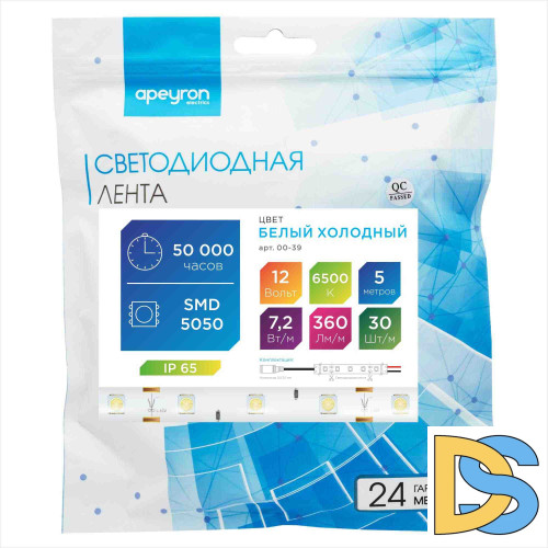 Светодиодная лента Apeyron 12В СТ 7,2Вт/м smd5050 30д/м IP65 360Лм/м 5м 6500К 00-39