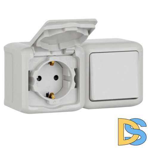 Блок выключатель одноклавишный и розетка 2К+З Legrand Quteo 16A 250V с/з со шторками крышкой IP44 серый 782348