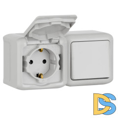 Блок выключатель одноклавишный и розетка 2К+З Legrand Quteo 16A 250V с/з со шторками крышкой IP44 серый 782348