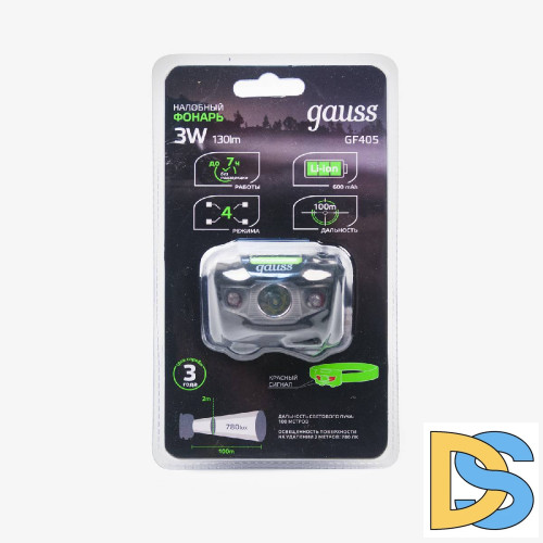 Налобный светодиодный фонарь Gauss аккумуляторный 40х60 130 лм GF405