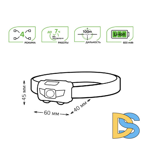 Налобный светодиодный фонарь Gauss аккумуляторный 40х60 130 лм GF405