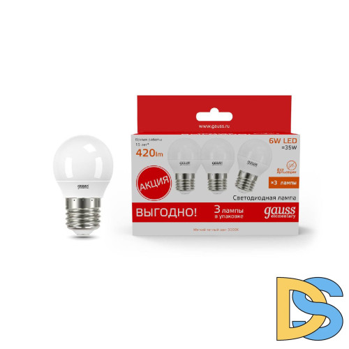 Лампа светодиодная Gauss E27 6W 3000K шар матовая 53216T