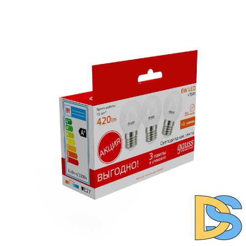 Лампа светодиодная Gauss E27 6W 3000K шар матовая 53216T