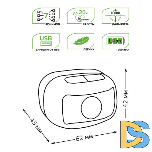 Налобный светодиодный фонарь Gauss аккумуляторный 40х60 220 лм GF402