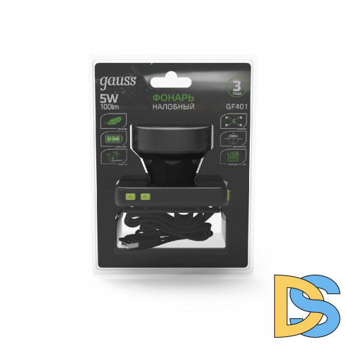 Налобный светодиодный фонарь Gauss аккумуляторный 60х70 100 лм GF401