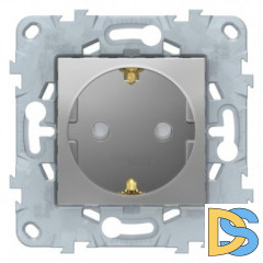 Розетка 1-ая электрическая, с заземлением и защитными шторками(безвинтовой зажим), Алюминий, серия Unica New, Schneider Electric