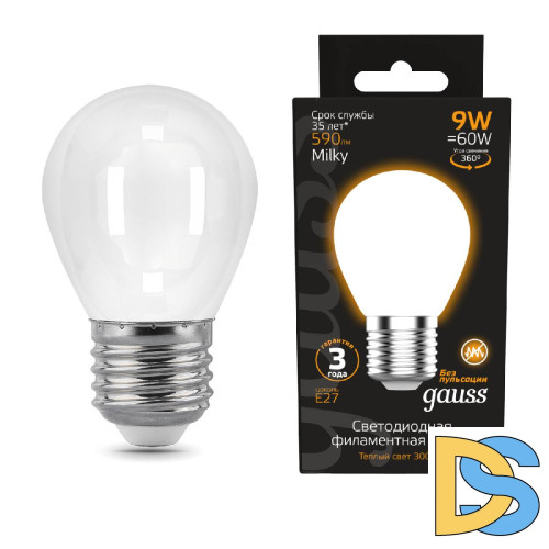 Лампа светодиодная филаментная Gauss E27 9W 3000К матовая 105202109