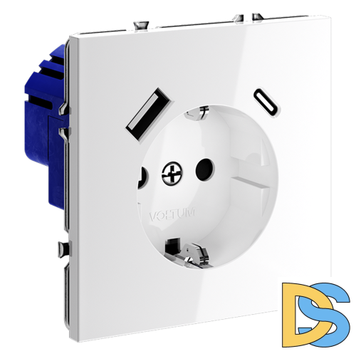 Розетка встраиваемая VOLTUM S70 с заземлением и защитными шторками, 16А, с USB, A+С, (белый глянцевы