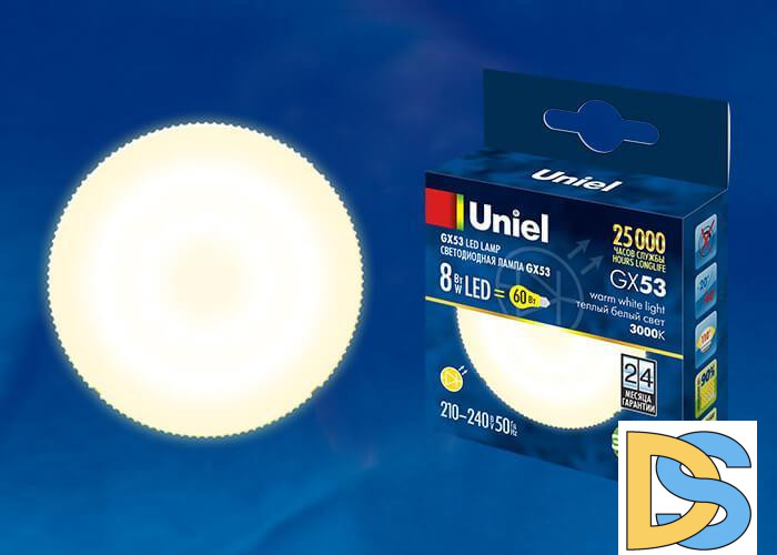 Лампа светодиодная (UL-00001672) Uniel GX53 8W 3000K матовая LED-GX53-8W/WW/GX53/FR PLZ01WH