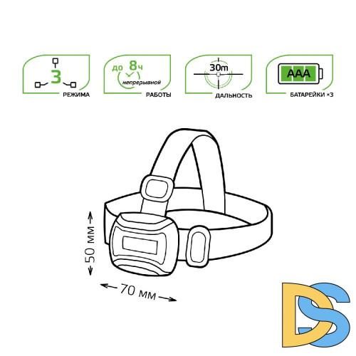 Налобный светодиодный фонарь Gauss от батареек 50х70 180 лм GF307