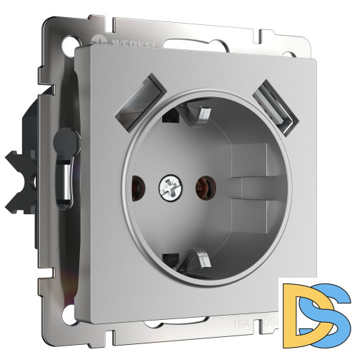Розетка с заземлением, шторками и USBх2 Werkel (серебряный) W1171506
