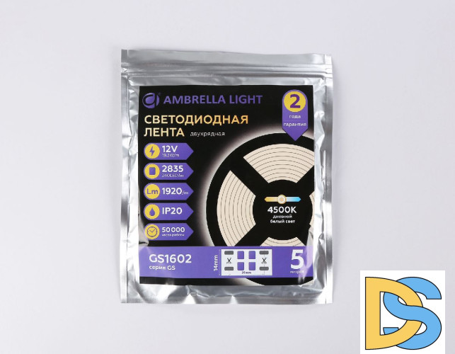 Светодиодная лента двухрядная Ambrella Light LED Strip 12В 2835 19,2Вт/м 4500K 5м IP20 GS1602