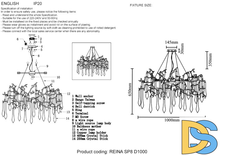 Подвесная люстра Crystal Lux REINA SP8 D1000 SILVER PATINA