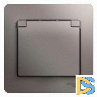 Розетка 1-ая электрическая, с заземлением и крышкой, защитными шторками, Платина, серия Glossa, Schneider Electric