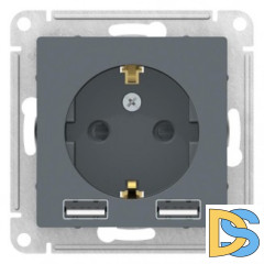 Розетка 1-ая электрическая, с заземлением, c USB, Грифель, серия Atlas Design, Schneider Electric