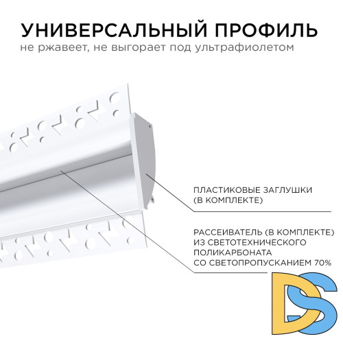 Профиль под штукатурку Apeyron ширина ленты до 14мм (рассеиватель, заглушки - 2шт) 08-44