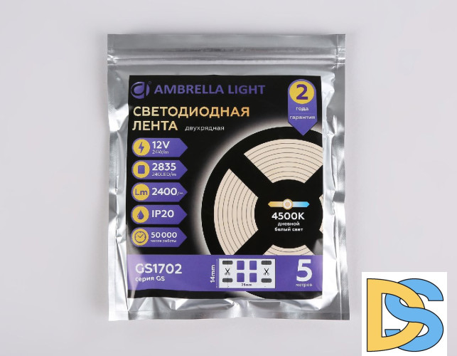 Светодиодная лента двухрядная Ambrella Light LED Strip 12В 2835 24Вт/м 4500K 5м IP20 GS1702