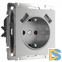 Розетка с заземлением, шторками и USBх2 (серебряный) W1171506