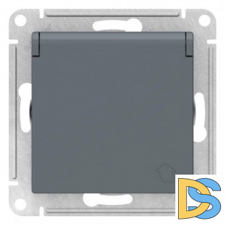 Розетка 1-ая электрическая, с заземлением и крышкой, защитными шторками, Грифель, серия Atlas Design, Schneider Electric