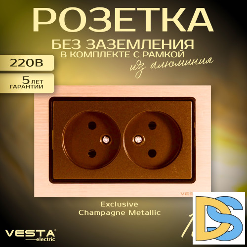 Розетка двойная без заземления в рамке из алюминия Vesta-Electric Exclusive Champagne Metallic