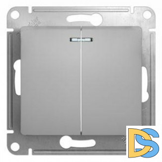 Выключатель 2-клавишный, с подсветкой, Алюминий, серия Glossa, Schneider Electric