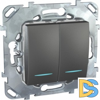 Выключатель 2-клавишный проходной с подсветкой (с двух мест), Графит, серия UNICA TOP/CLASS, Schneider Electric