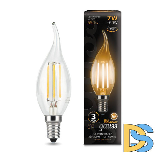 Лампа светодиодная филаментная Gauss E14 7W 2700К прозрачная 104801107