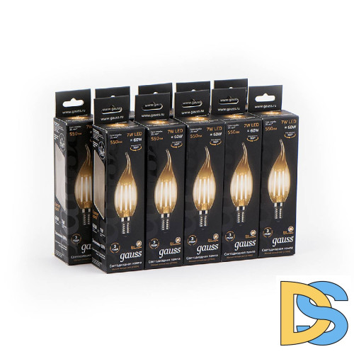 Лампа светодиодная филаментная Gauss E14 7W 2700К прозрачная 104801107