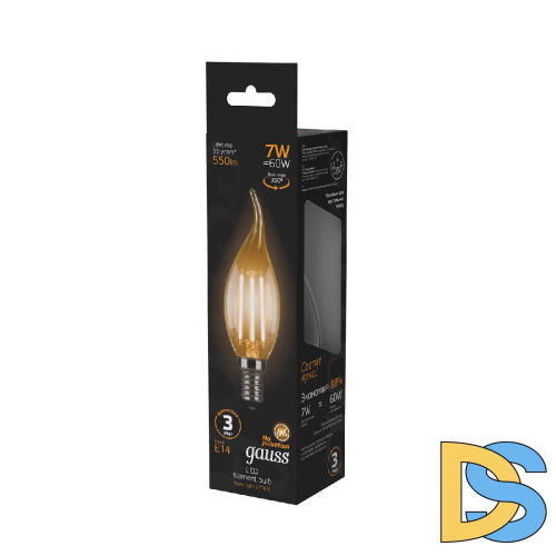 Лампа светодиодная филаментная Gauss E14 7W 2700К прозрачная 104801107