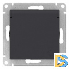 Розетка 1-ая электрическая, с заземлением и крышкой, защитными шторками, Карбон, серия Atlas Design, Schneider Electric