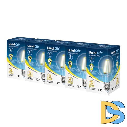Лампа светодиодная филаментная Uniel E27 8W 3000K груша прозрачная LED-A60-8W/WW/E27/CL GLA01TR Набор из 5штук UL-00008080