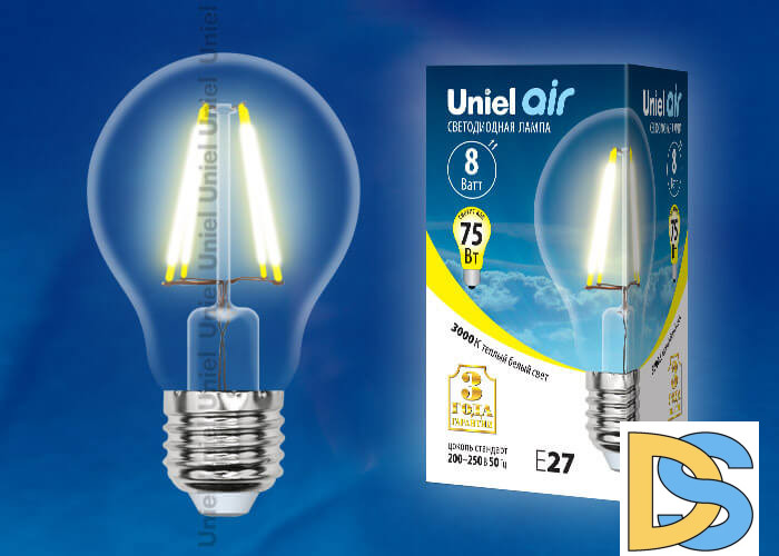 Лампа светодиодная филаментная Uniel E27 8W 3000K груша прозрачная LED-A60-8W/WW/E27/CL GLA01TR Набор из 5штук UL-00008080