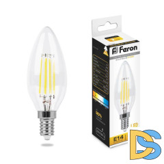 Лампа светодиодная филаментная Feron E14 5W 2700K Свеча Прозрачная LB-58 25572