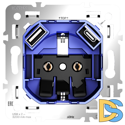 Механизм розетки с заземлением и защитными шторками 16А, с USB A+C, S70