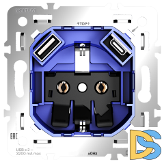 Механизм розетки с заземлением и защитными шторками 16А, с USB A+C, S70