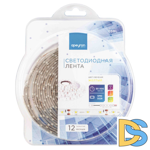 Светодиодная лента Apeyron 12В СТ 4,8Вт/м smd3528, 60д/м IP65 5м желтая 05BL