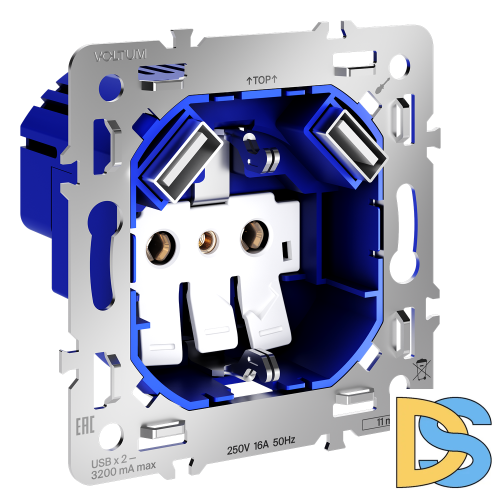 Механизм розетки с заземлением и защитными шторками 16А, с USB A+A, S70