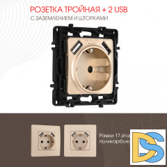 Розетка с заземлением, шторками + 2 USB Arte Milano 217.47-1.shampan
