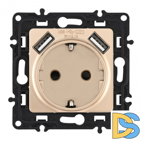 Розетка с заземлением, шторками + 2 USB Arte Milano 217.47-1.shampan