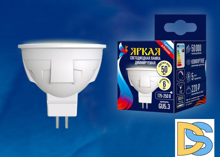 Лампа светодиодная диммируемая (UL-00003990) Uniel GU10 6W 3000K матовая LED-JCDR 6W/WW/GU10/FR/DIM PLP01WH